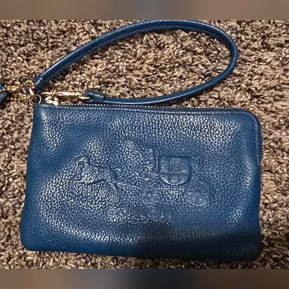Coach Embossed Blue Leather Wristlet with stagecoach design
